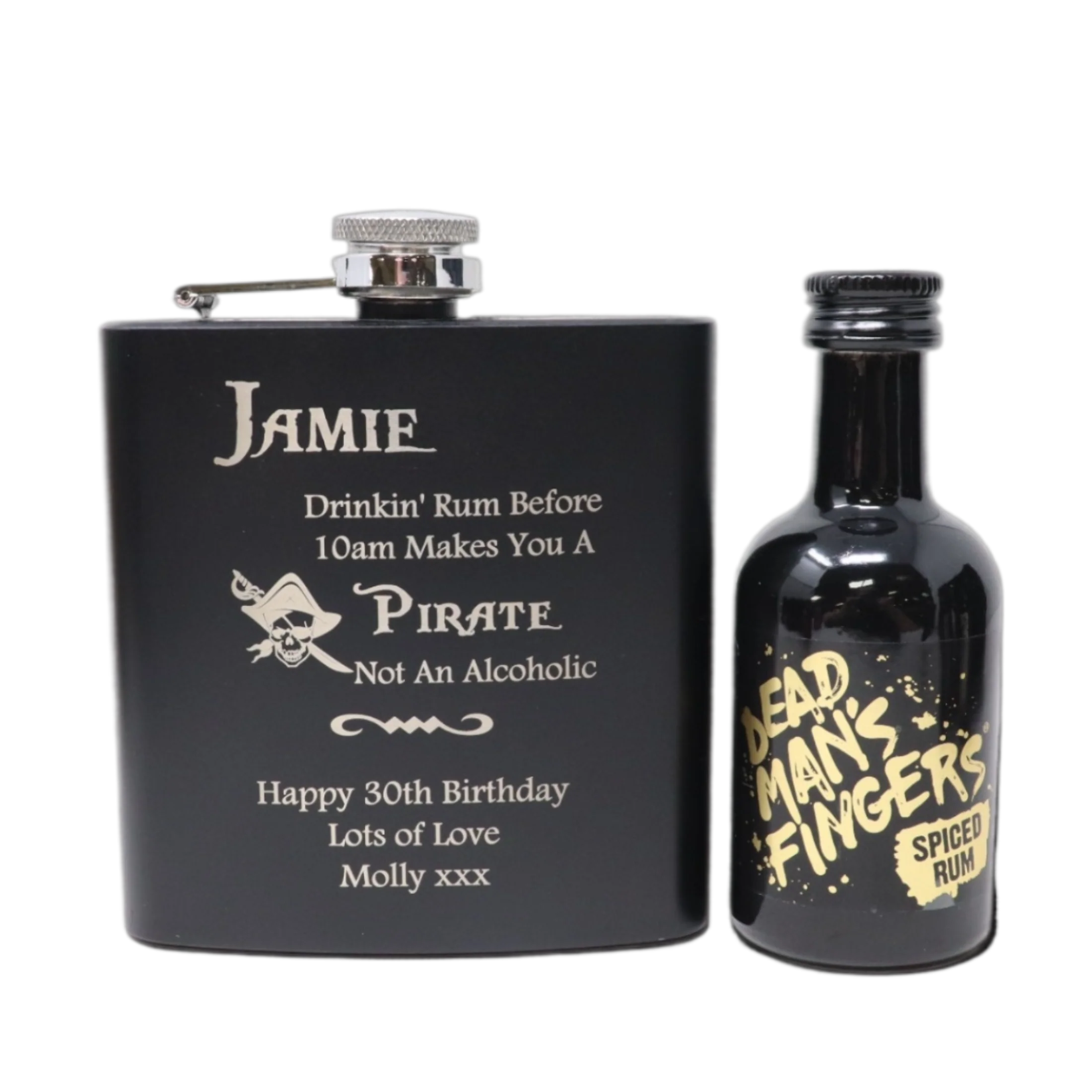 Personalised Black Hip Flask & Miniature Alcohol - Pirate Rum Design - Image 10