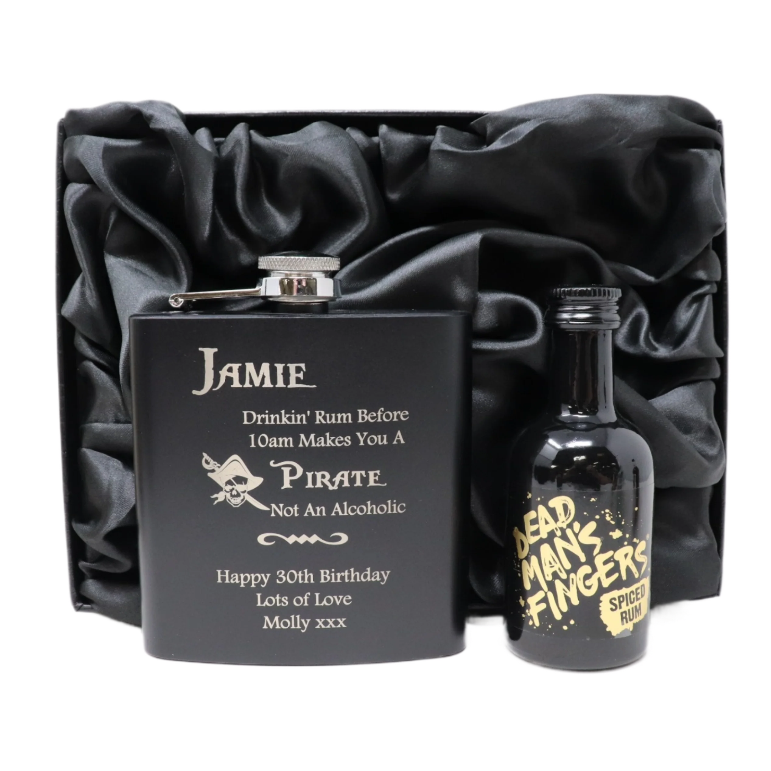 Personalised Black Hip Flask & Miniature Alcohol - Pirate Rum Design - Image 11