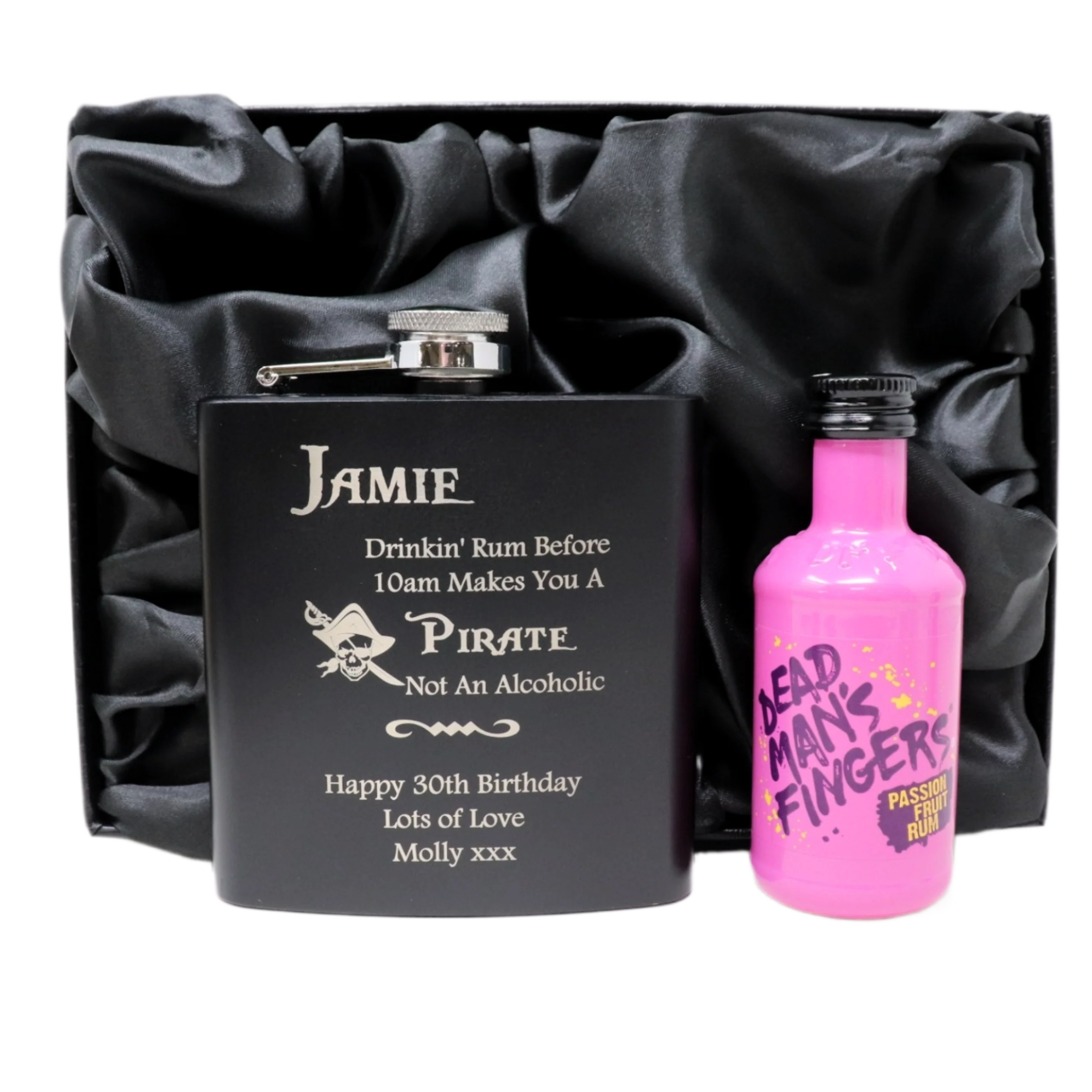 Personalised Black Hip Flask & Miniature Alcohol - Pirate Rum Design - Image 13