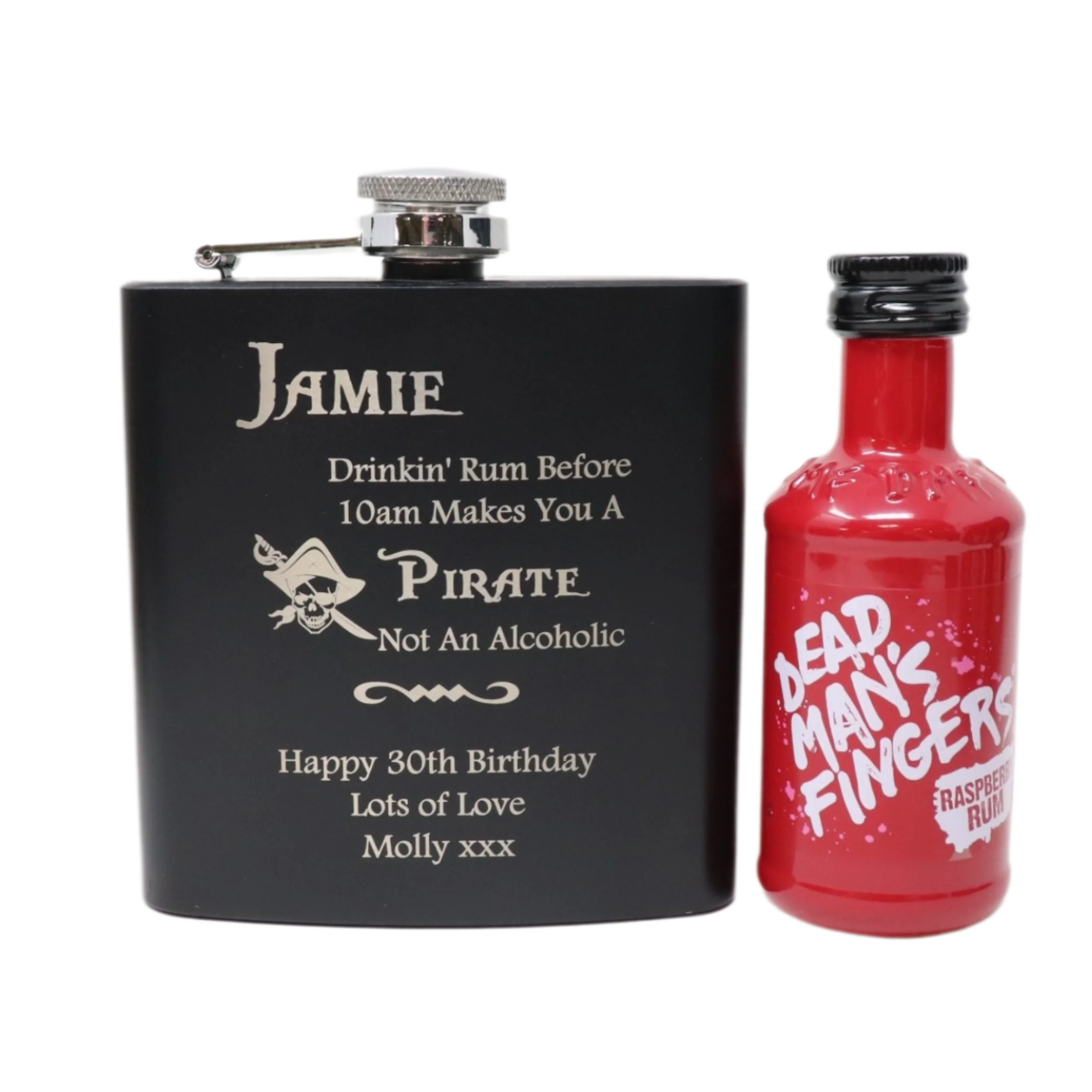 Personalised Black Hip Flask & Miniature Alcohol - Pirate Rum Design - Image 14