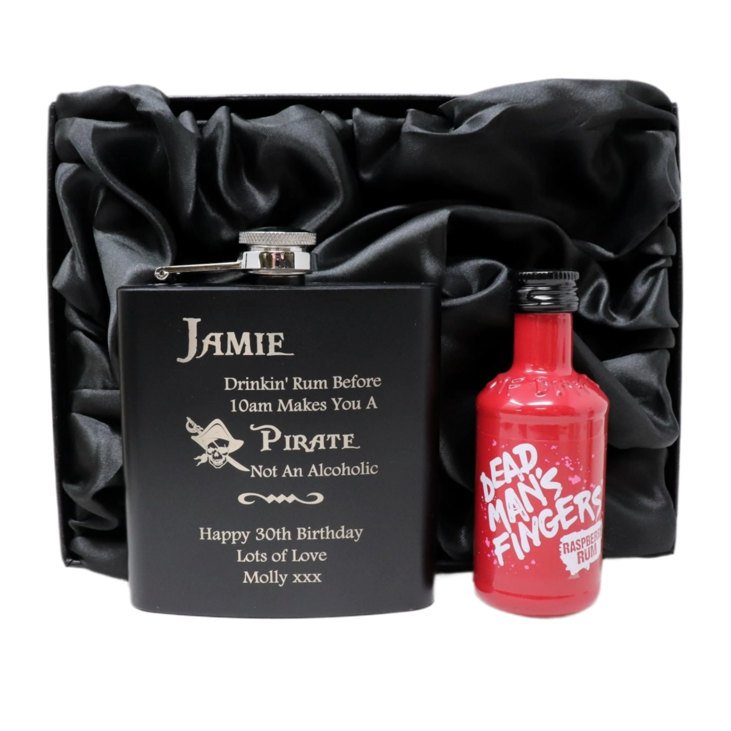 Personalised Black Hip Flask & Miniature Alcohol - Pirate Rum Design - Image 15