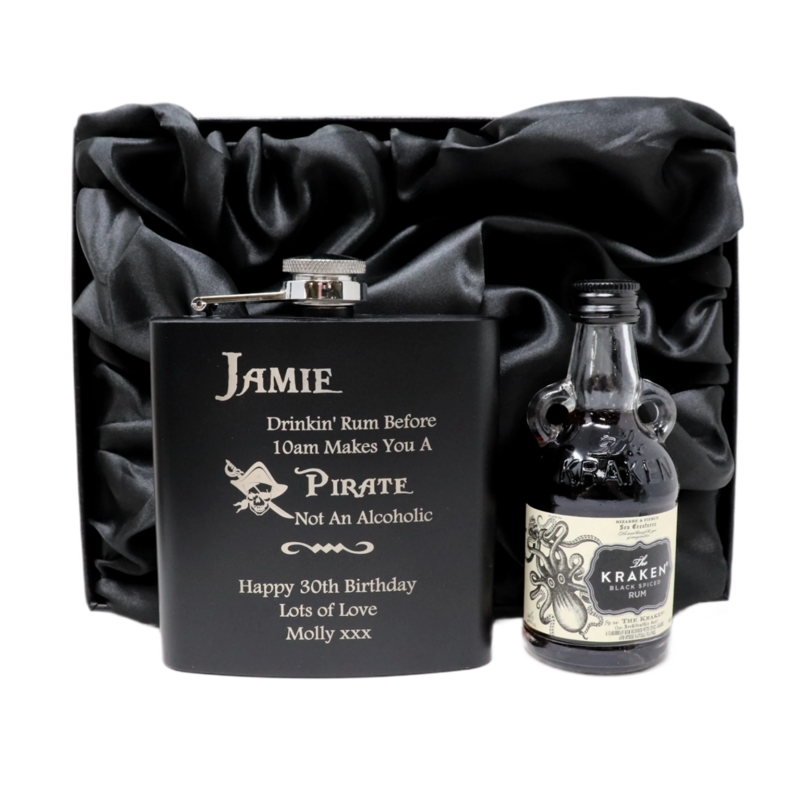 Personalised Black Hip Flask & Miniature Alcohol - Pirate Rum Design - Image 19