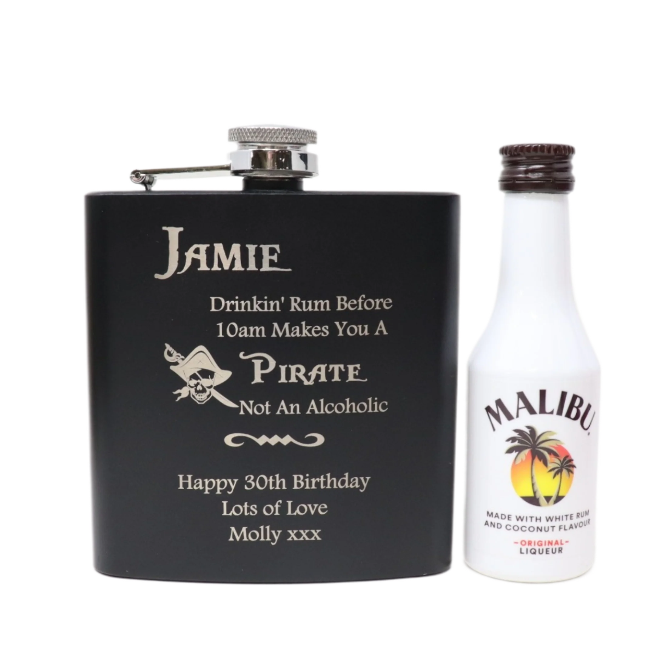 Personalised Black Hip Flask & Miniature Alcohol - Pirate Rum Design - Image 22