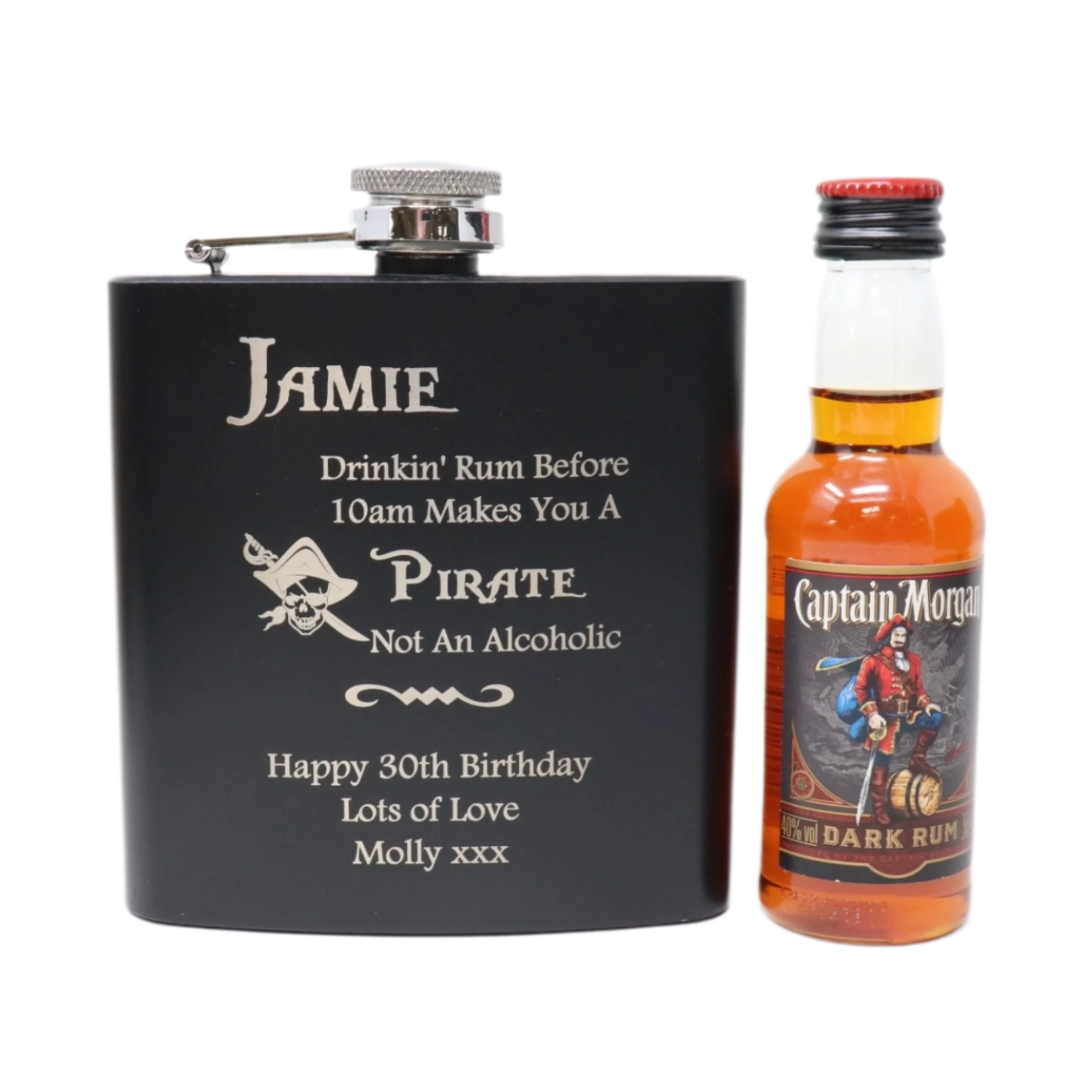 Personalised Black Hip Flask & Miniature Alcohol - Pirate Rum Design - Image 4