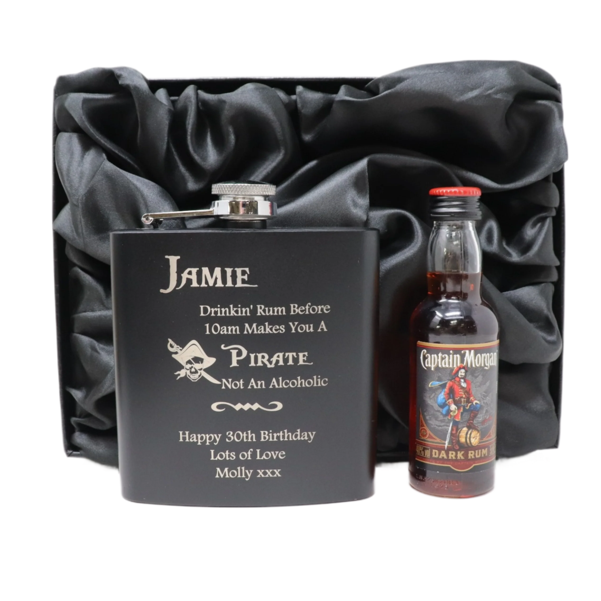 Personalised Black Hip Flask & Miniature Alcohol - Pirate Rum Design - Image 5