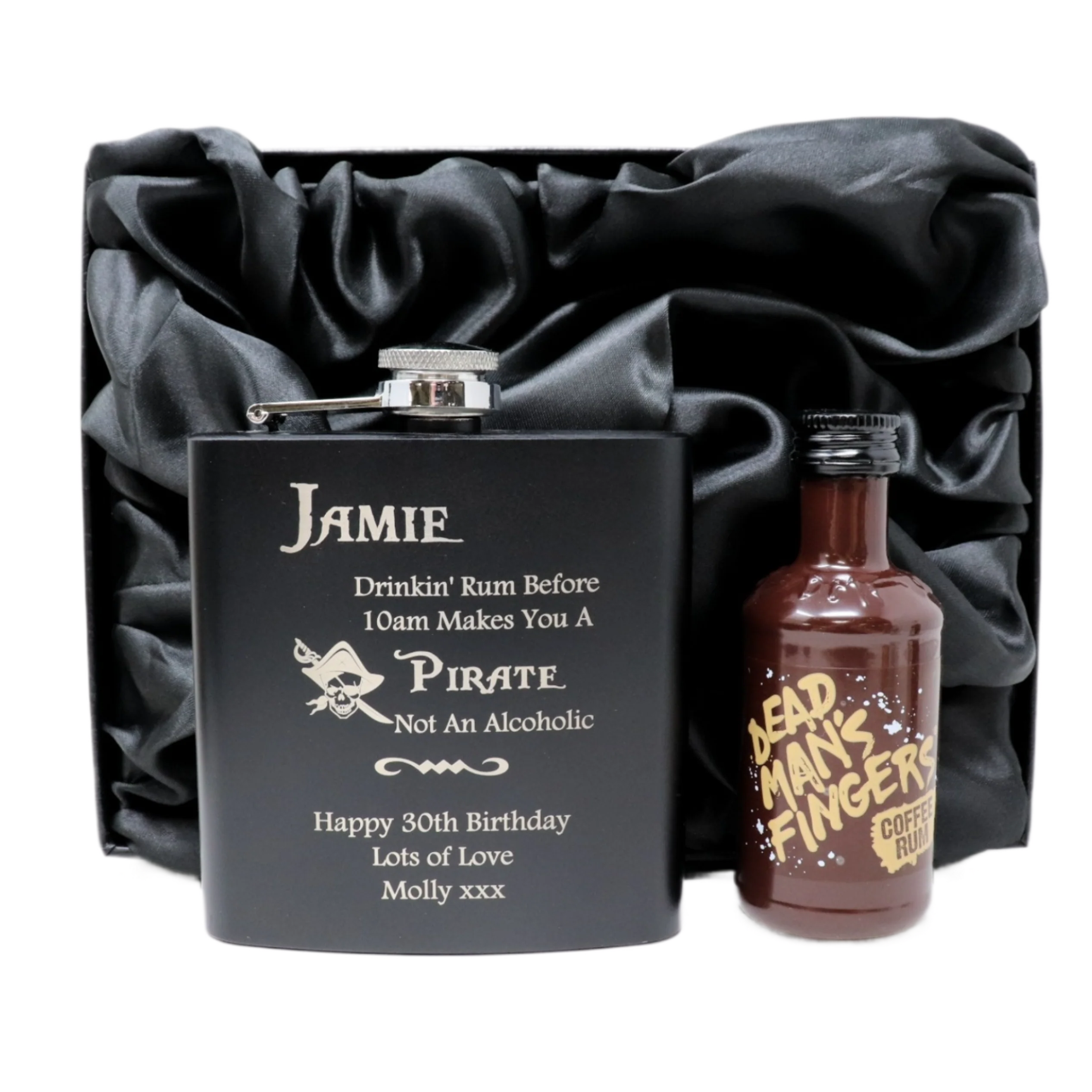 Personalised Black Hip Flask & Miniature Alcohol - Pirate Rum Design - Image 9
