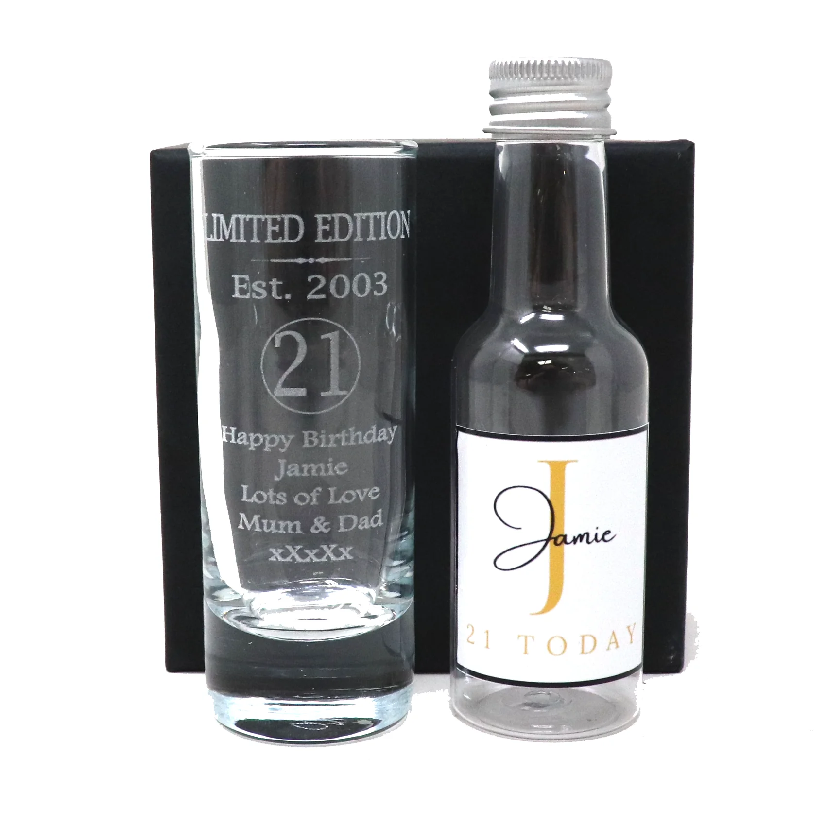 Personalised 21st Birthday Est 2003 Limited Edition Shot Glass & Gold Initial Miniature Alcohol Bottle - Image 4