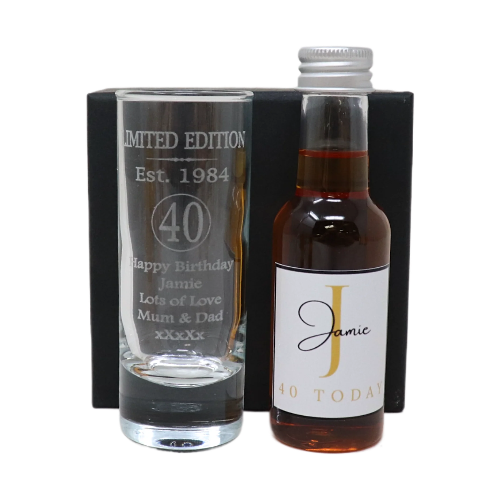 Personalised 40th Birthday Est 1984 Limited Edition Shot Glass & Gold Initial Miniature Alcohol Bottle - Image 2