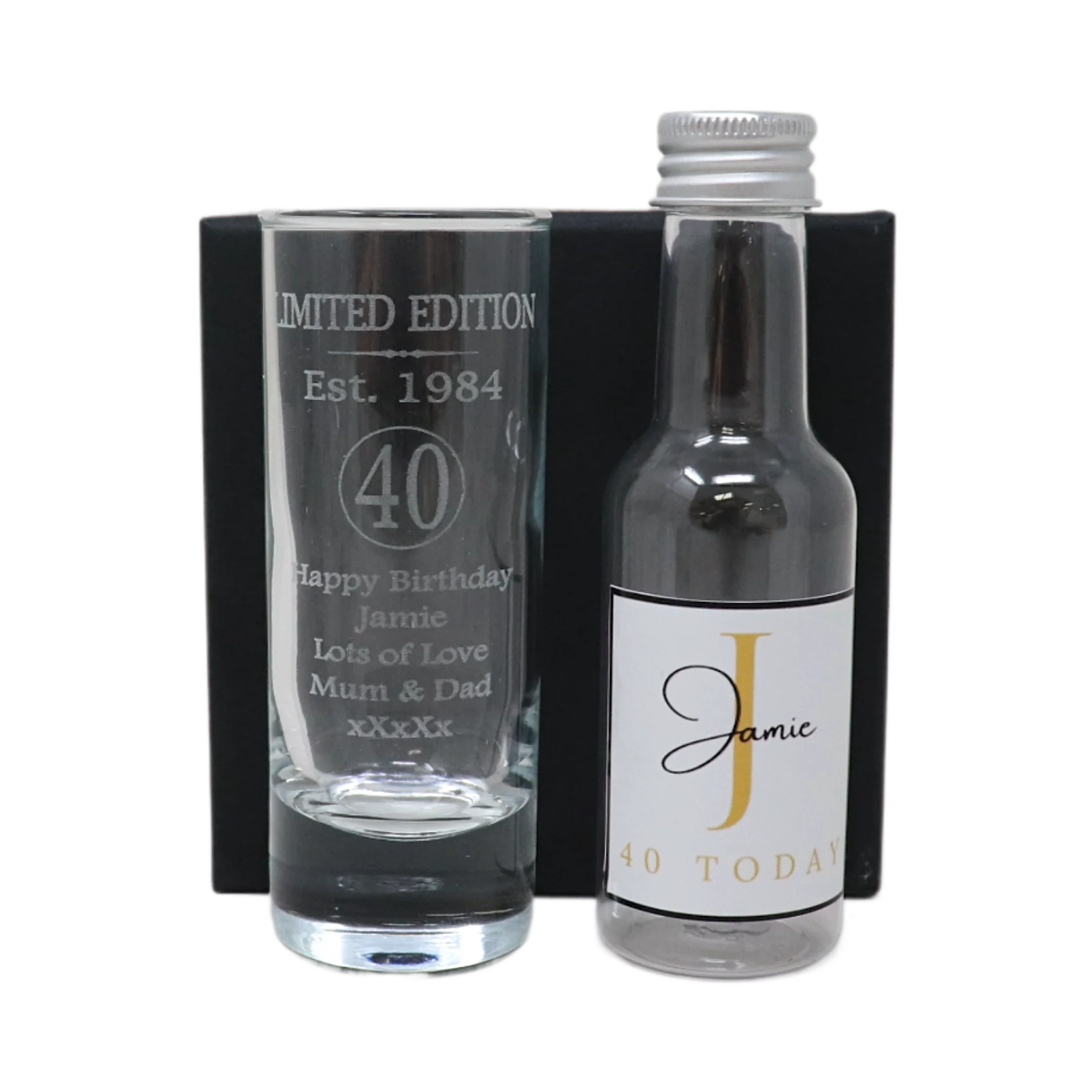 Personalised 40th Birthday Est 1984 Limited Edition Shot Glass & Gold Initial Miniature Alcohol Bottle - Image 3
