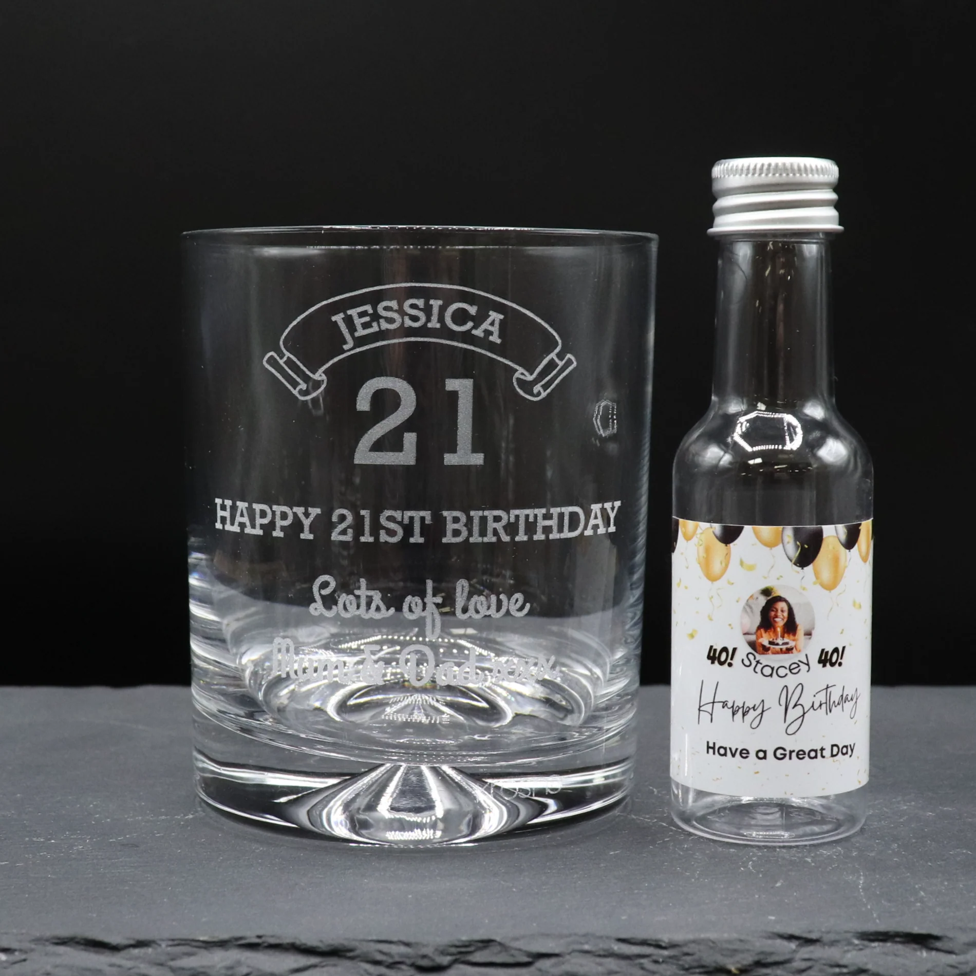 Personalised Birthday Age Glass Tumbler & Balloons Photo Miniature Alcohol Gift Set - Image 3