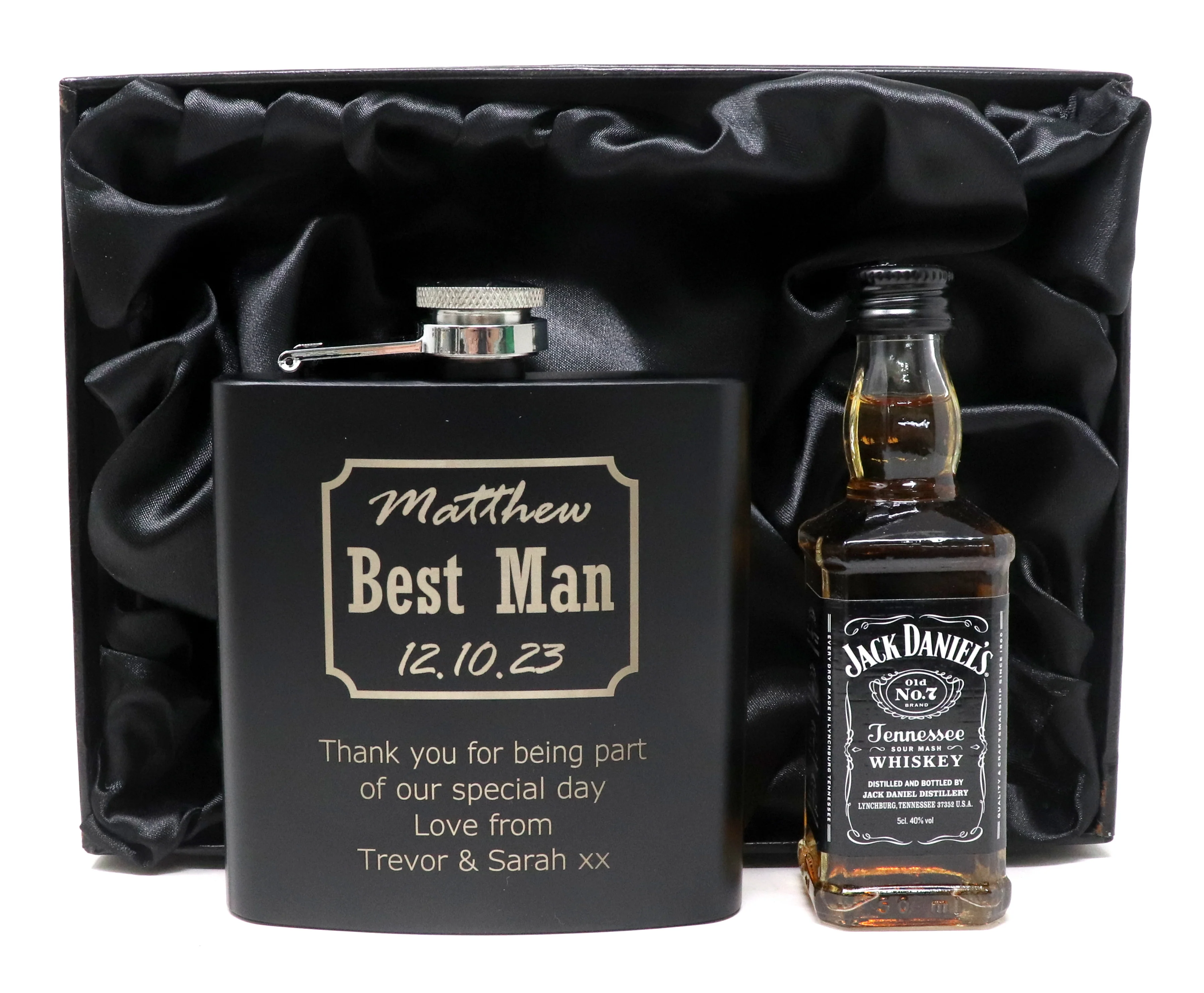 Personalised Best Man Wedding Black Hip Flask & Miniature Alcohol in Gift Box - Image 3