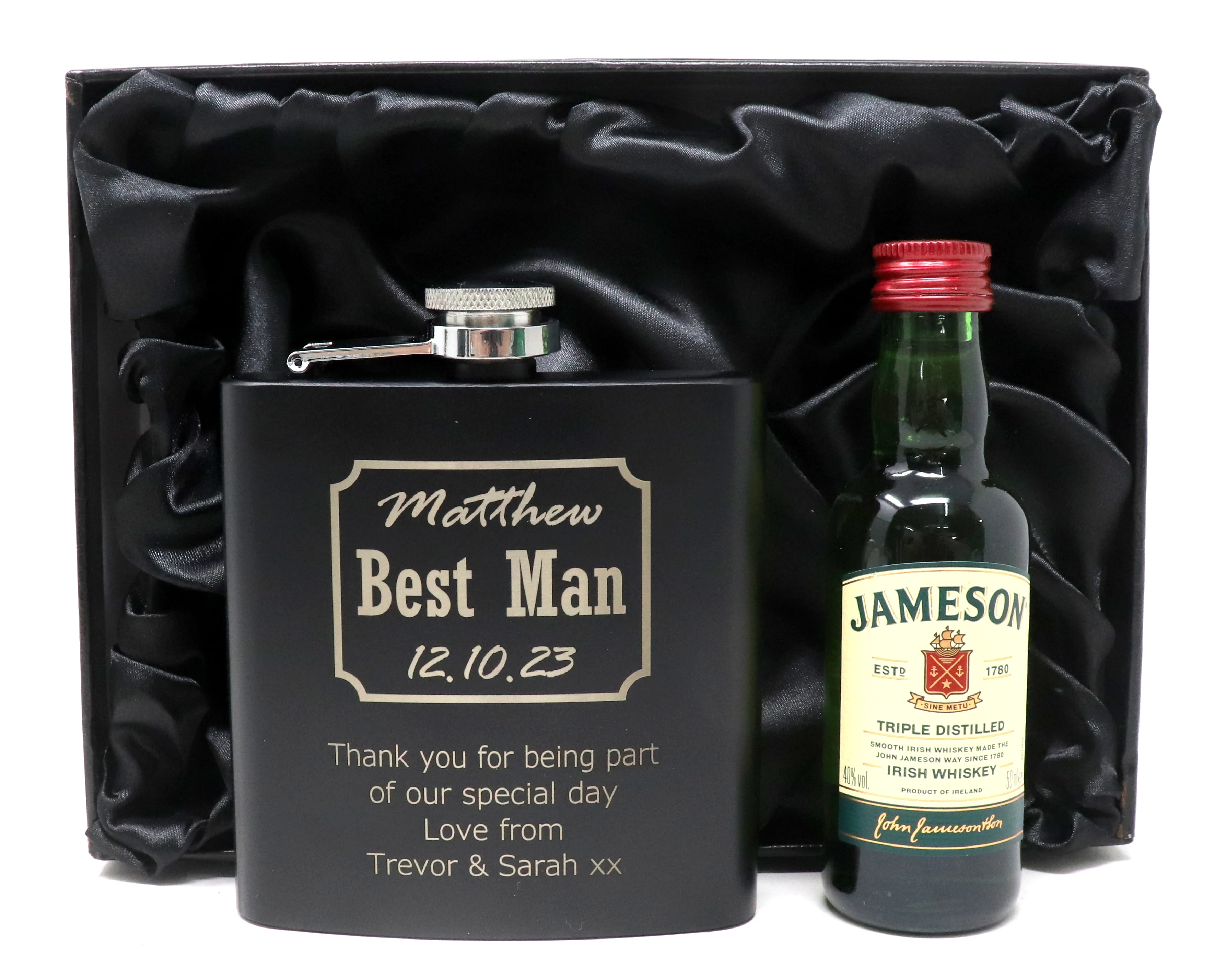 Personalised Best Man Wedding Black Hip Flask & Miniature Alcohol in Gift Box - Image 6