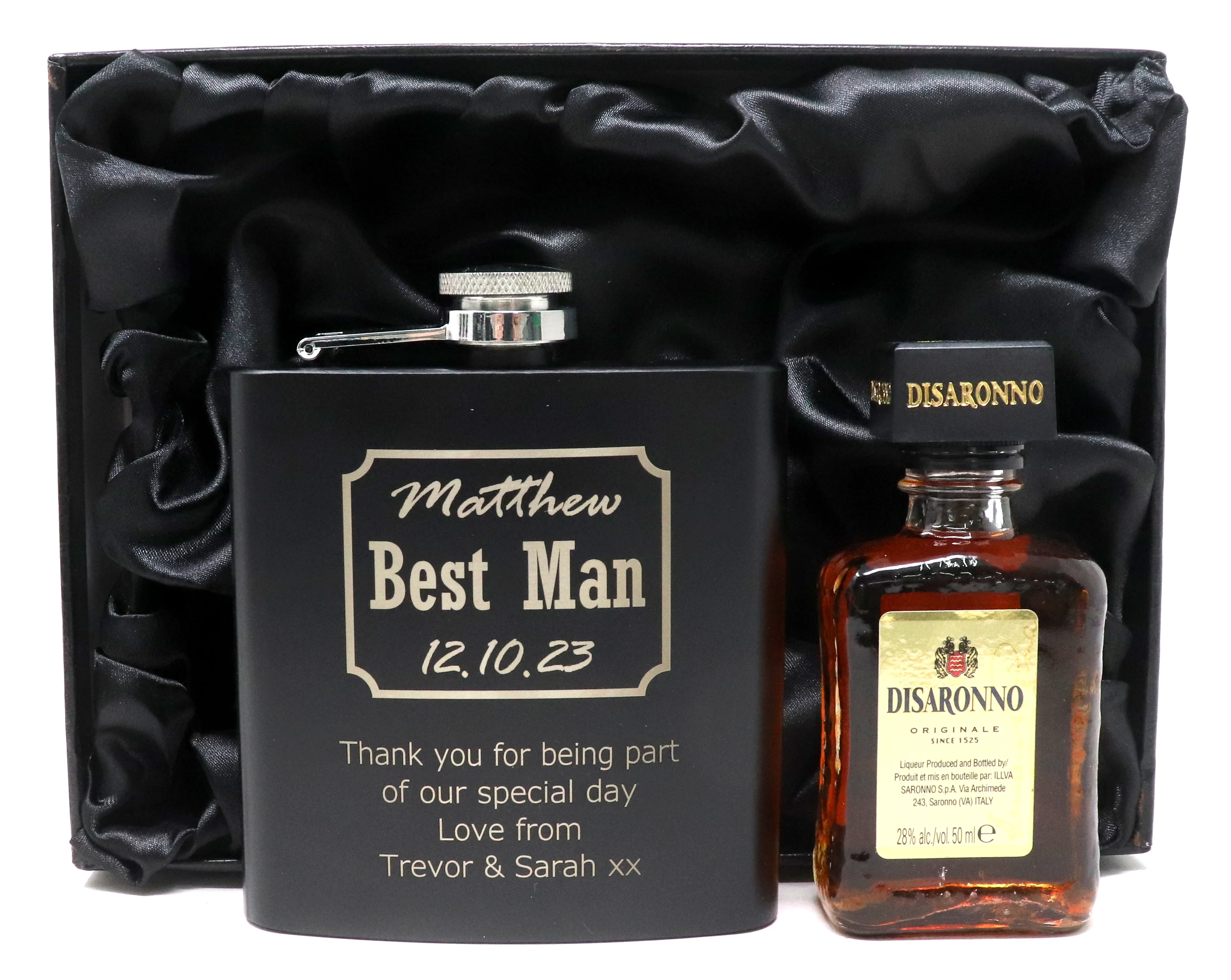 Personalised Best Man Wedding Black Hip Flask & Miniature Alcohol in Gift Box - Image 7