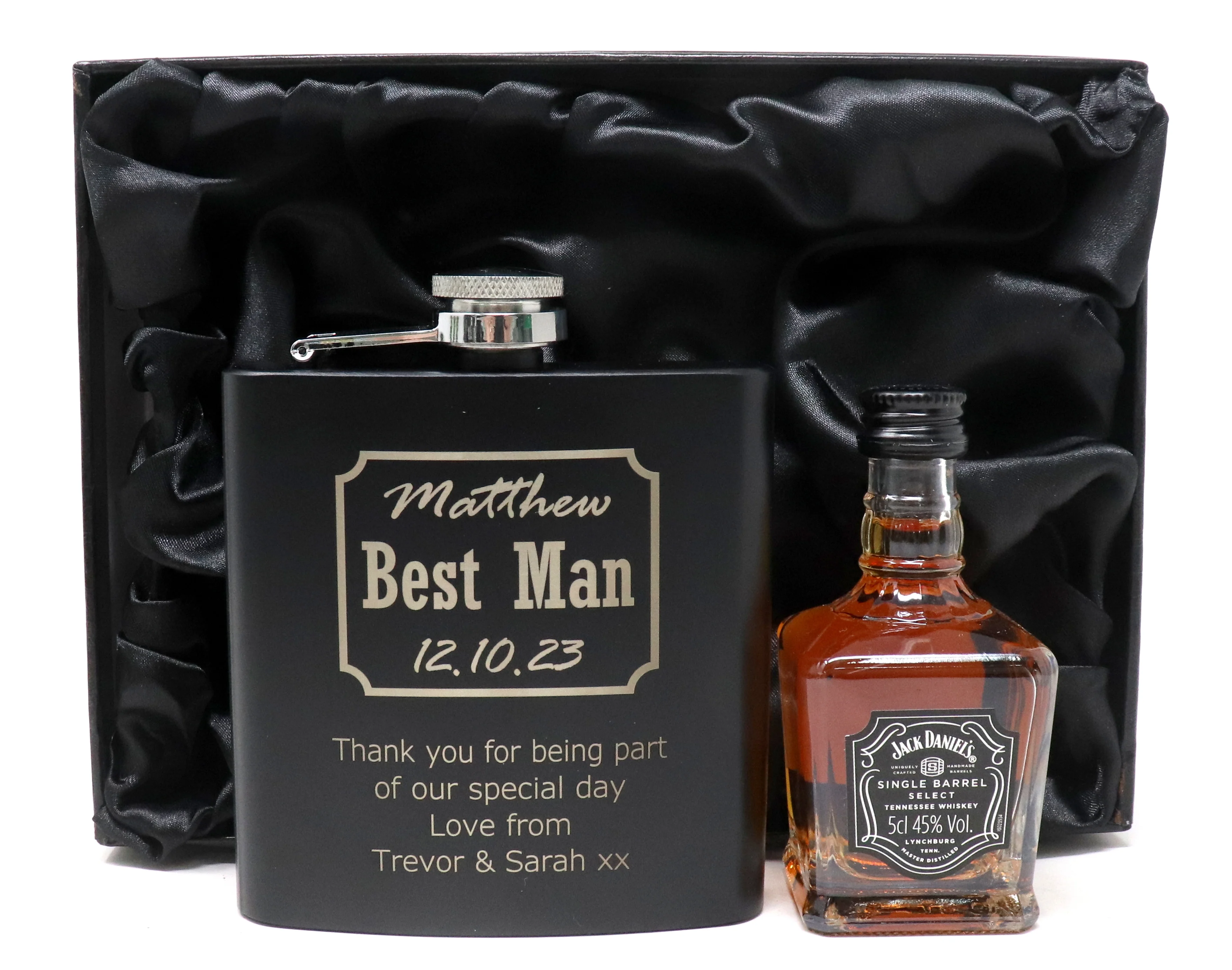 Personalised Best Man Wedding Black Hip Flask & Miniature Alcohol in Gift Box - Image 8