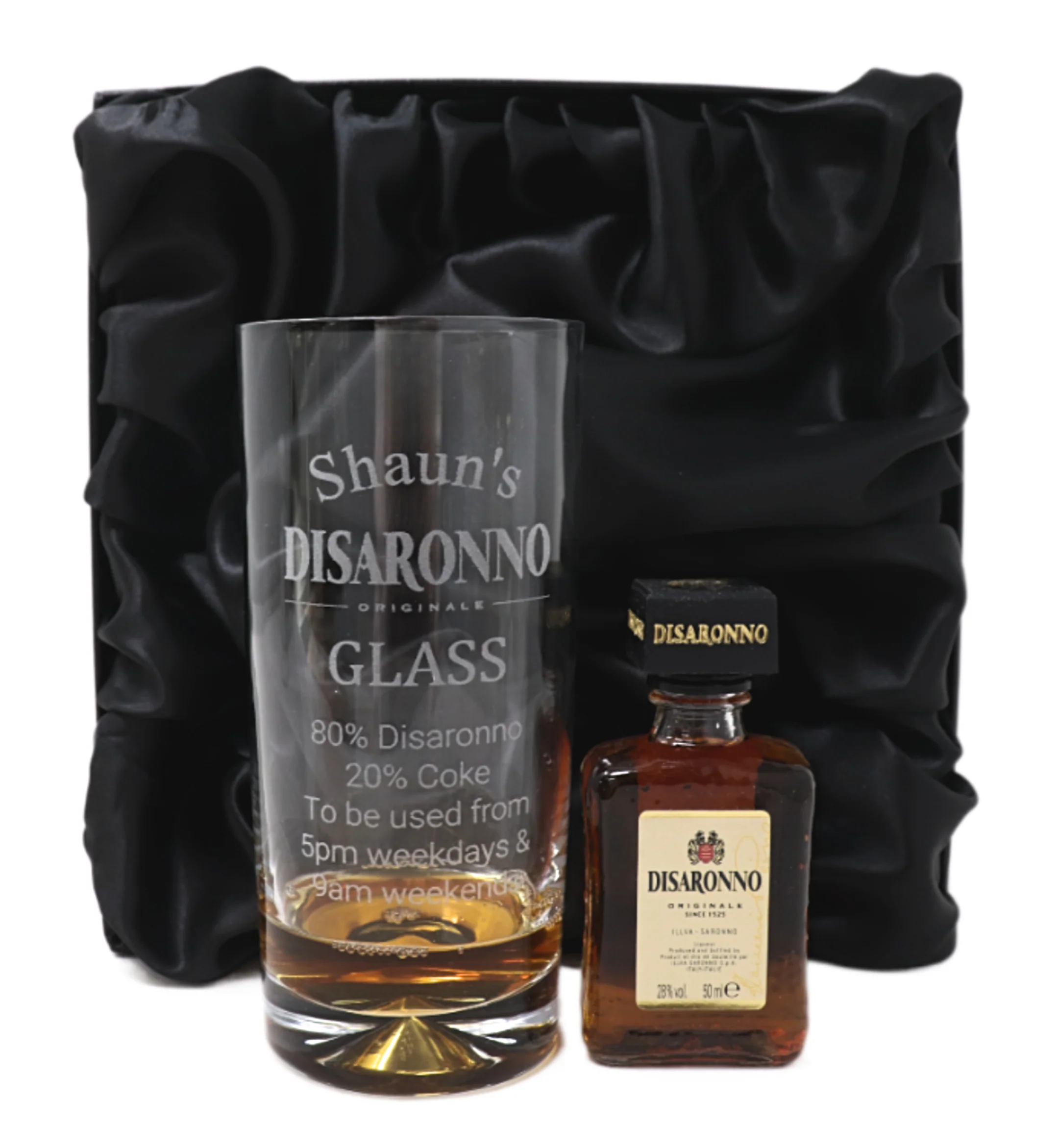 Personalised Engraved Highball Glass & Miniature Alcohol Gift Set  - Disaronno % Design - Image 3