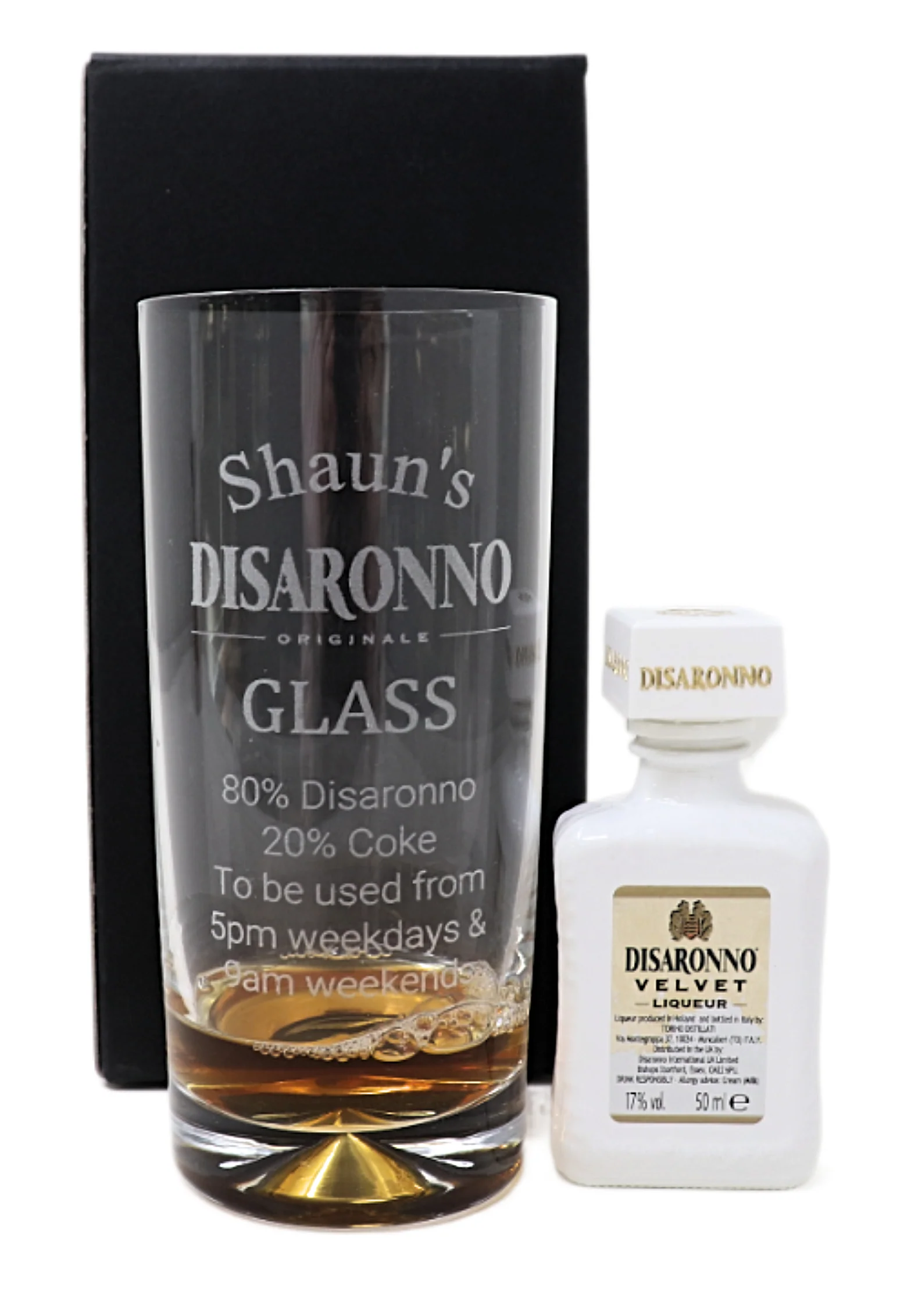 Personalised Engraved Highball Glass & Miniature Alcohol Gift Set  - Disaronno % Design - Image 4