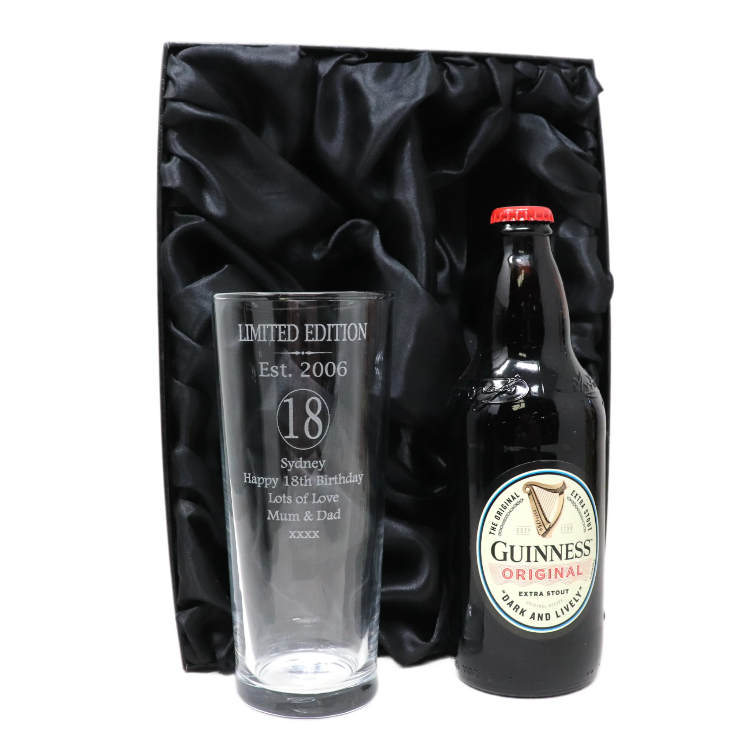Personalised 18th Birthday Est 2006 Pint Glass & Bottle Gift Set In Silk Gift Box - Image 4