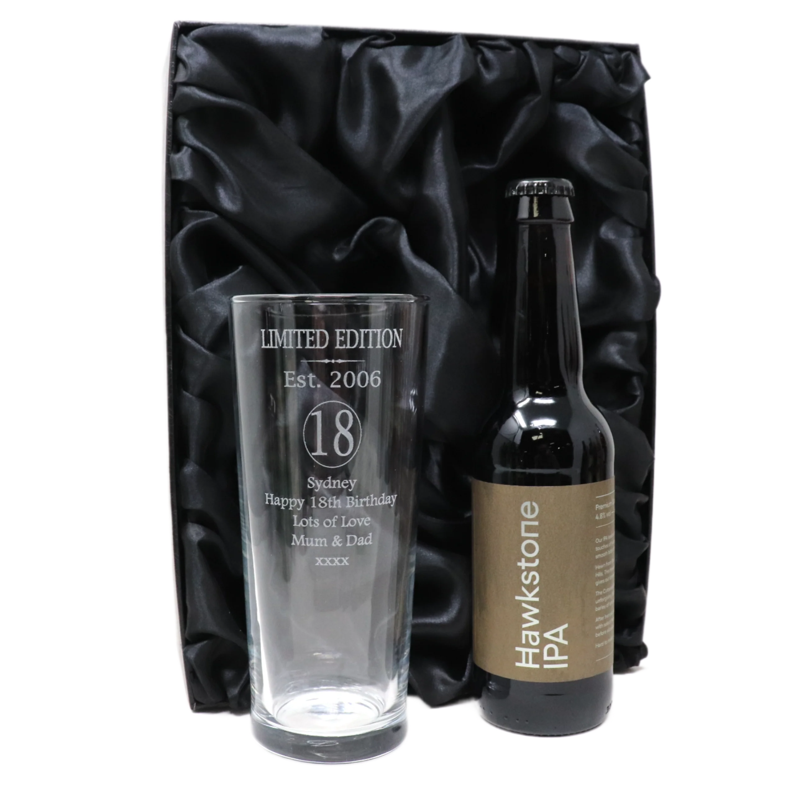 Personalised 18th Birthday Est 2006 Pint Glass & Bottle Gift Set In Silk Gift Box - Image 5