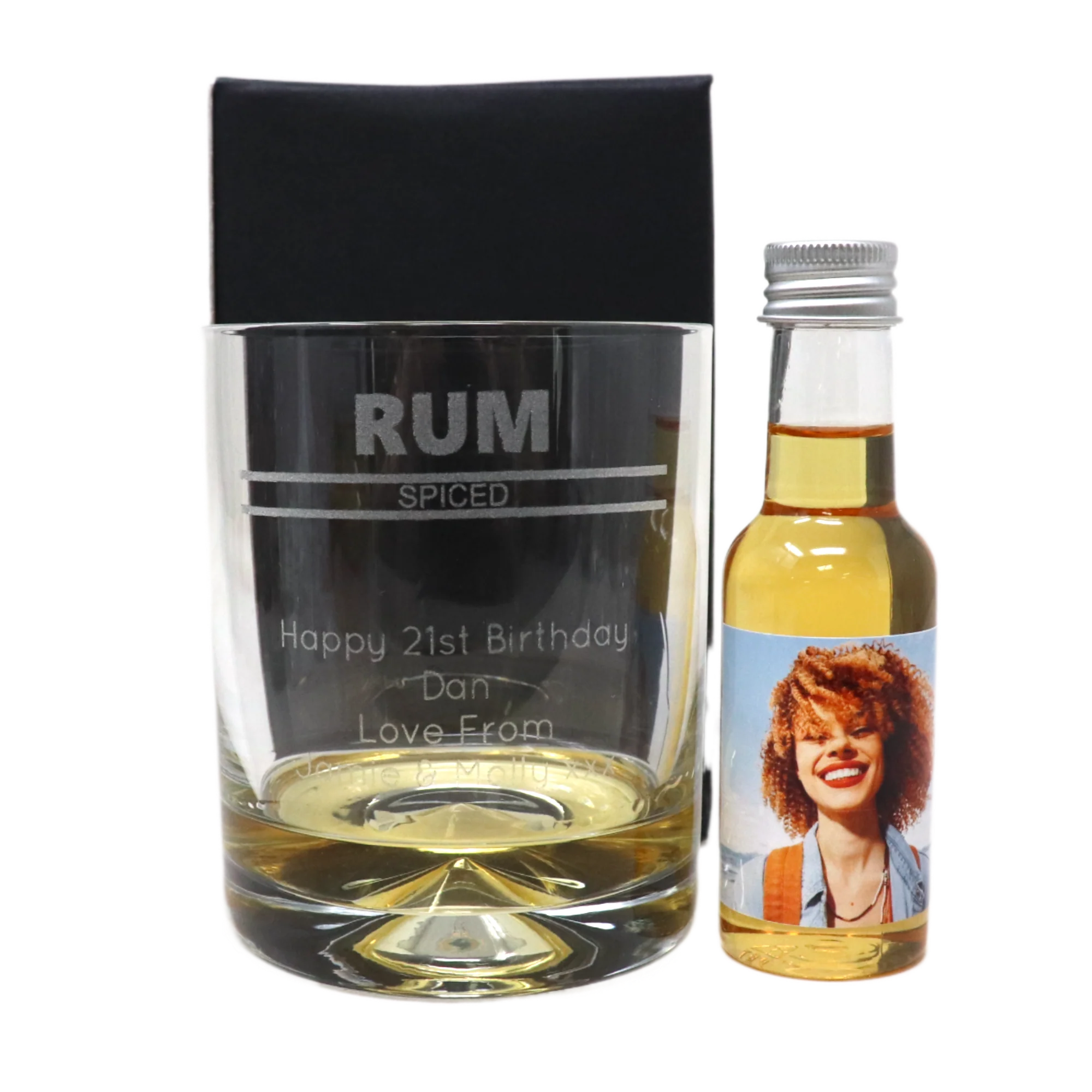 Personalised Rum Glass Tumbler & Photo Design Miniature Bottle of Spiced Rum - Image 3