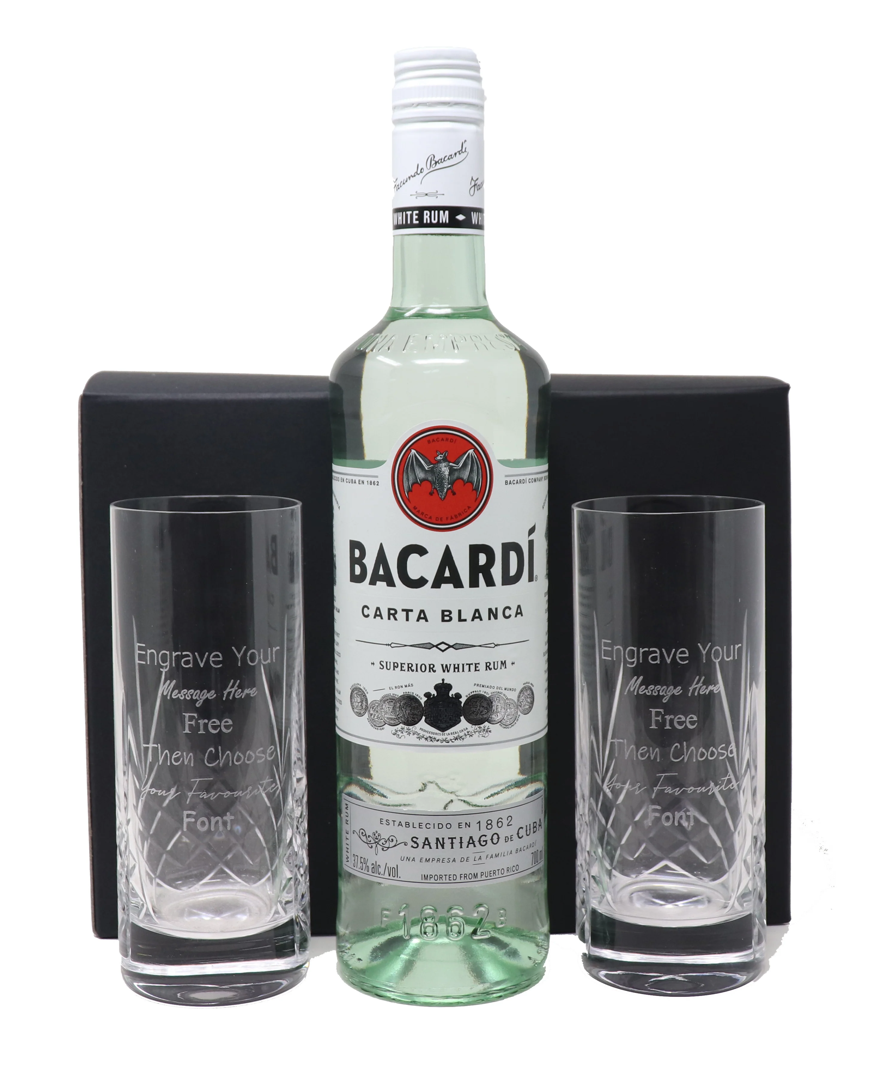 Personalised Pair of Crystal Highball Glasses & Bacardi - Image 2