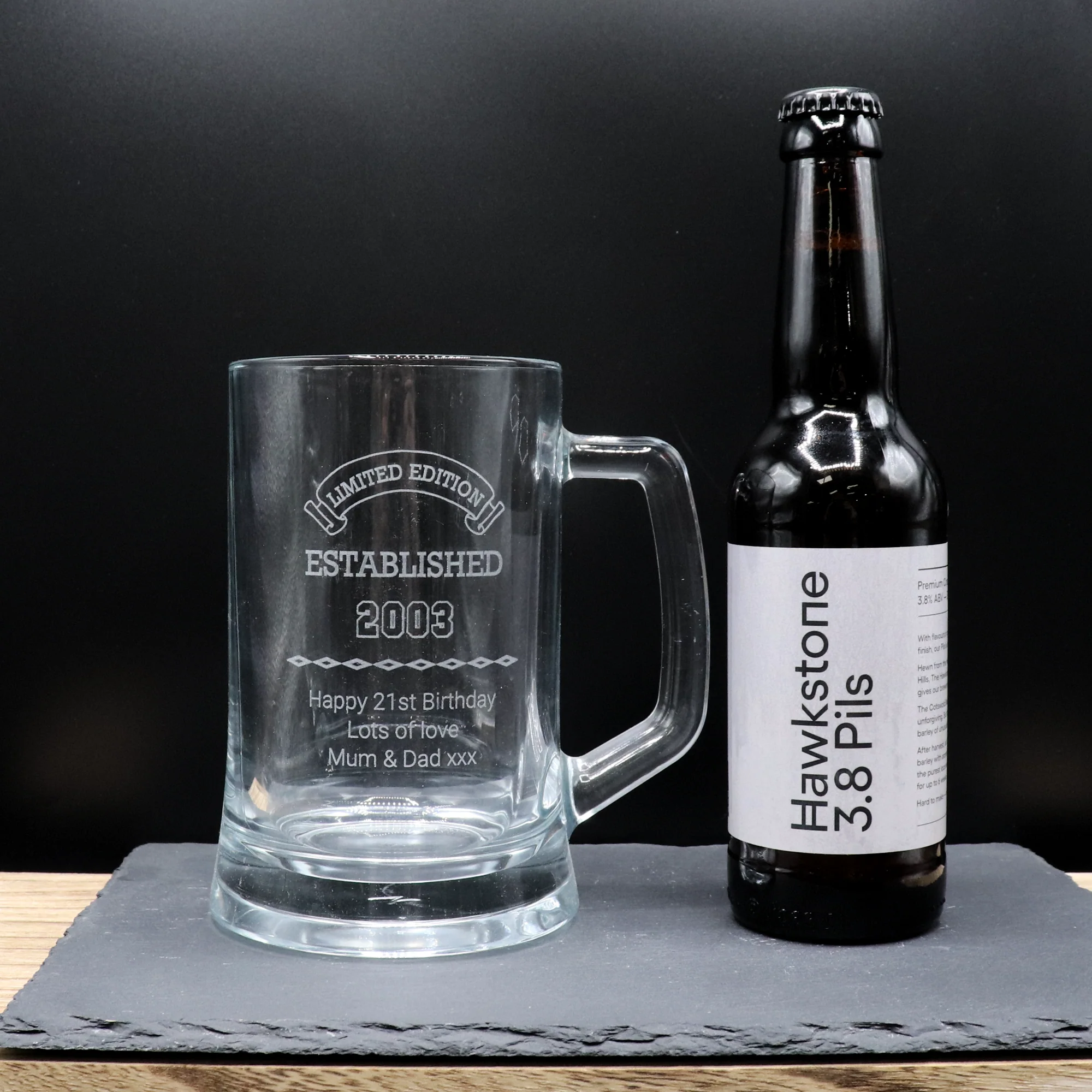 Personalised Pint Glass Tankard & Bottle of Hawkstone Beer Gift Set - Established Birthday Design - Image 2