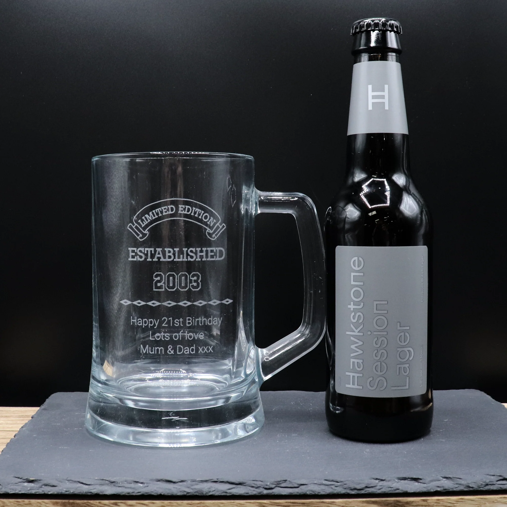 Personalised Pint Glass Tankard & Bottle of Hawkstone Beer Gift Set - Established Birthday Design - Image 3