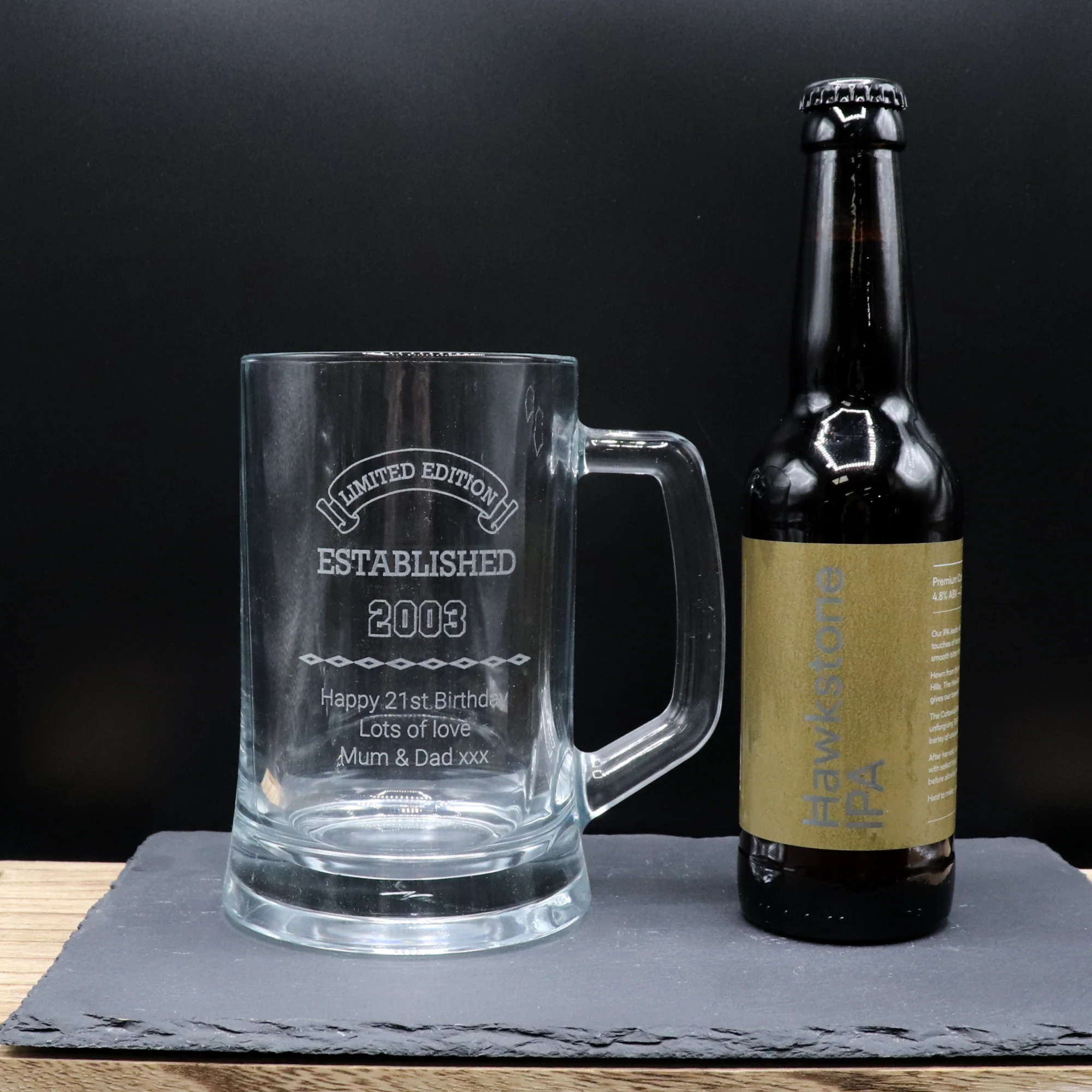 Personalised Pint Glass Tankard & Bottle of Hawkstone Beer Gift Set - Established Birthday Design - Image 4