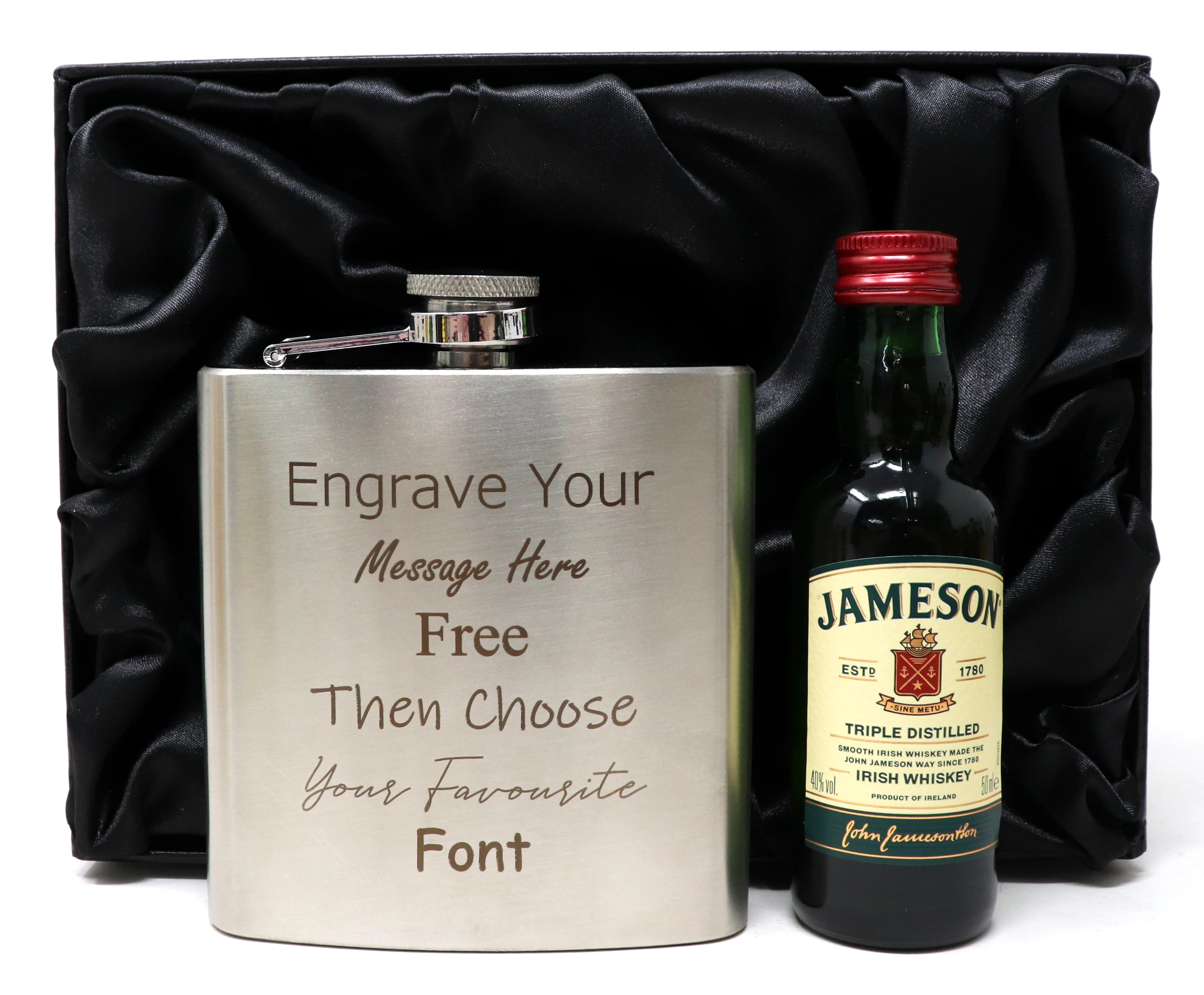 Personalised Engraved Silver Hip Flask & Miniature Alcohol Gift Set - Image 4