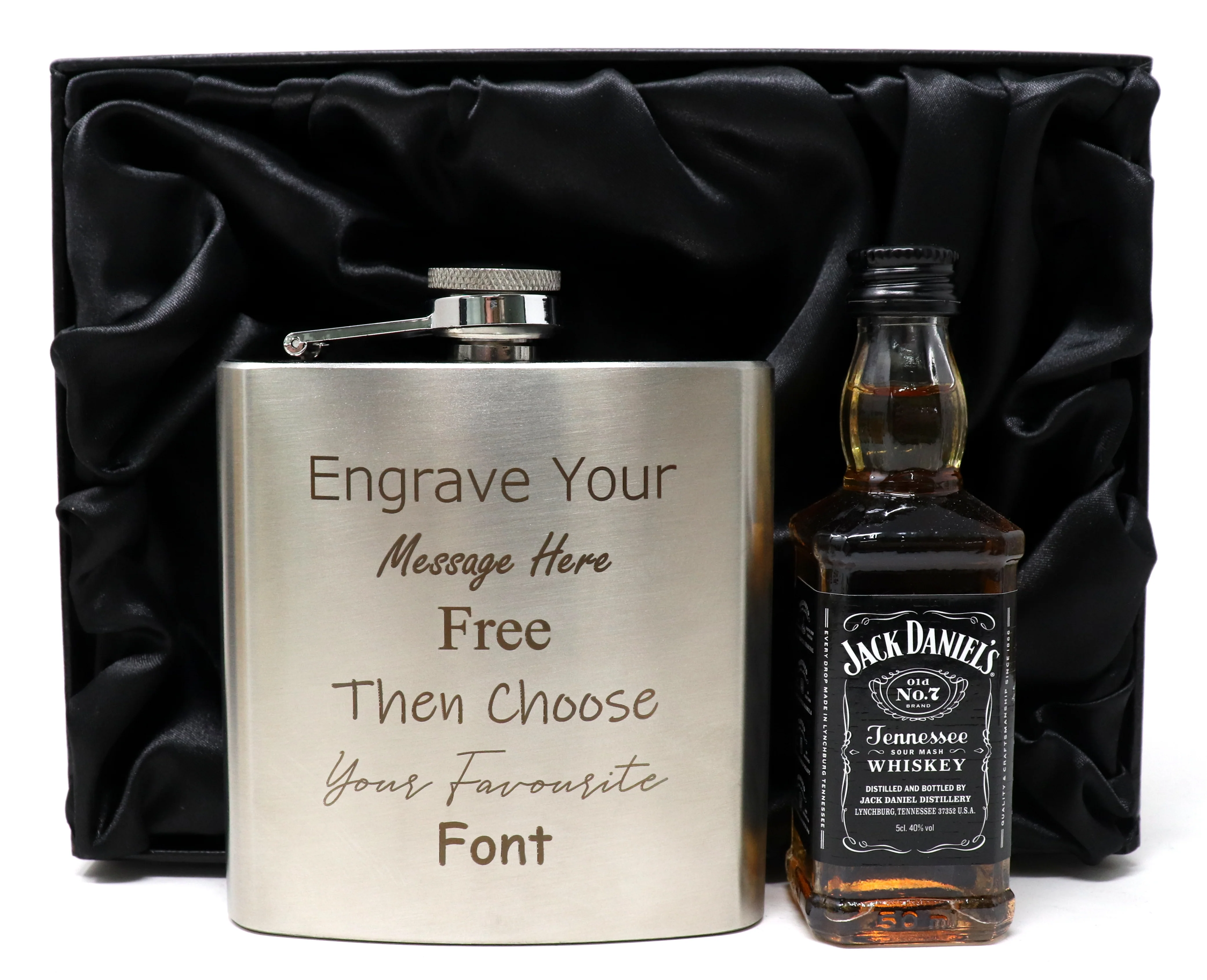 Personalised Engraved Silver Hip Flask & Miniature Alcohol Gift Set - Image 5