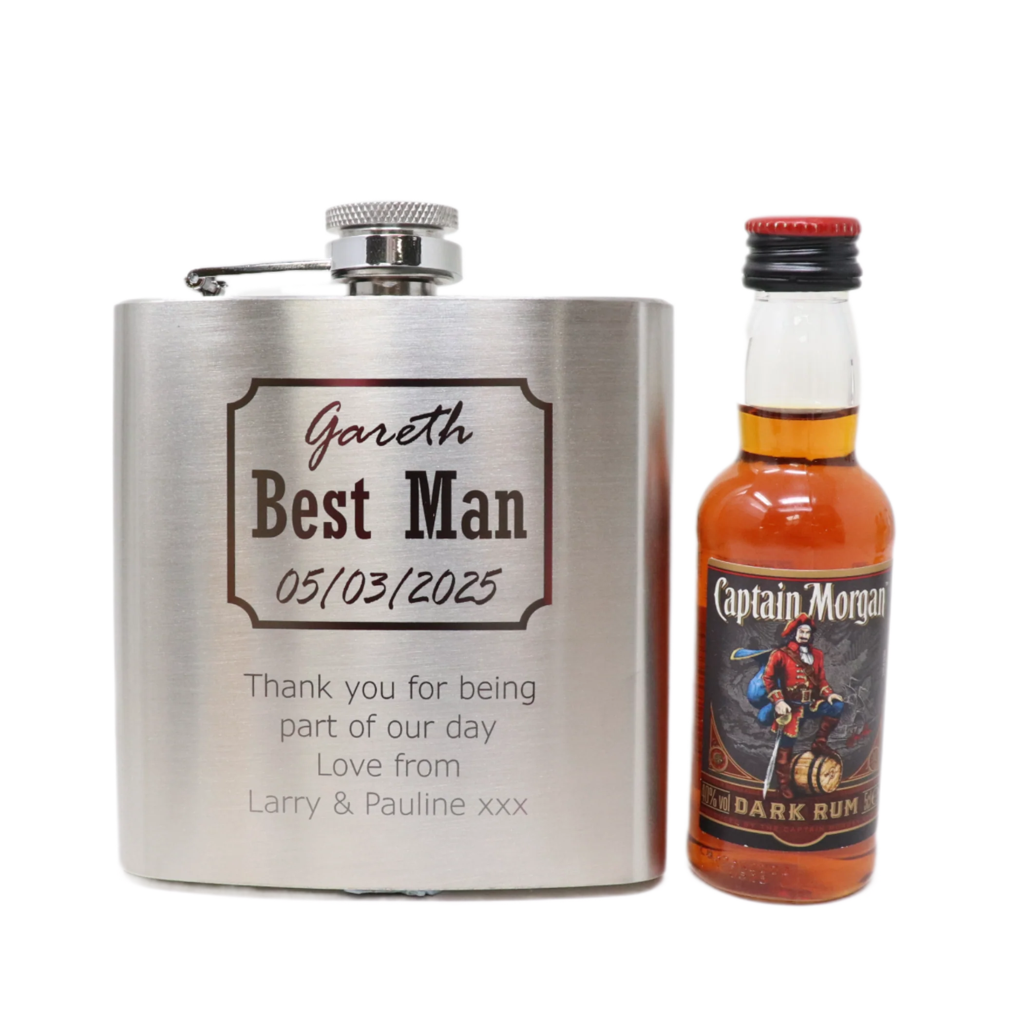 Personalised Silver Best Man Wedding Hip Flask & Miniature Alcohol Gift Set - Image 2
