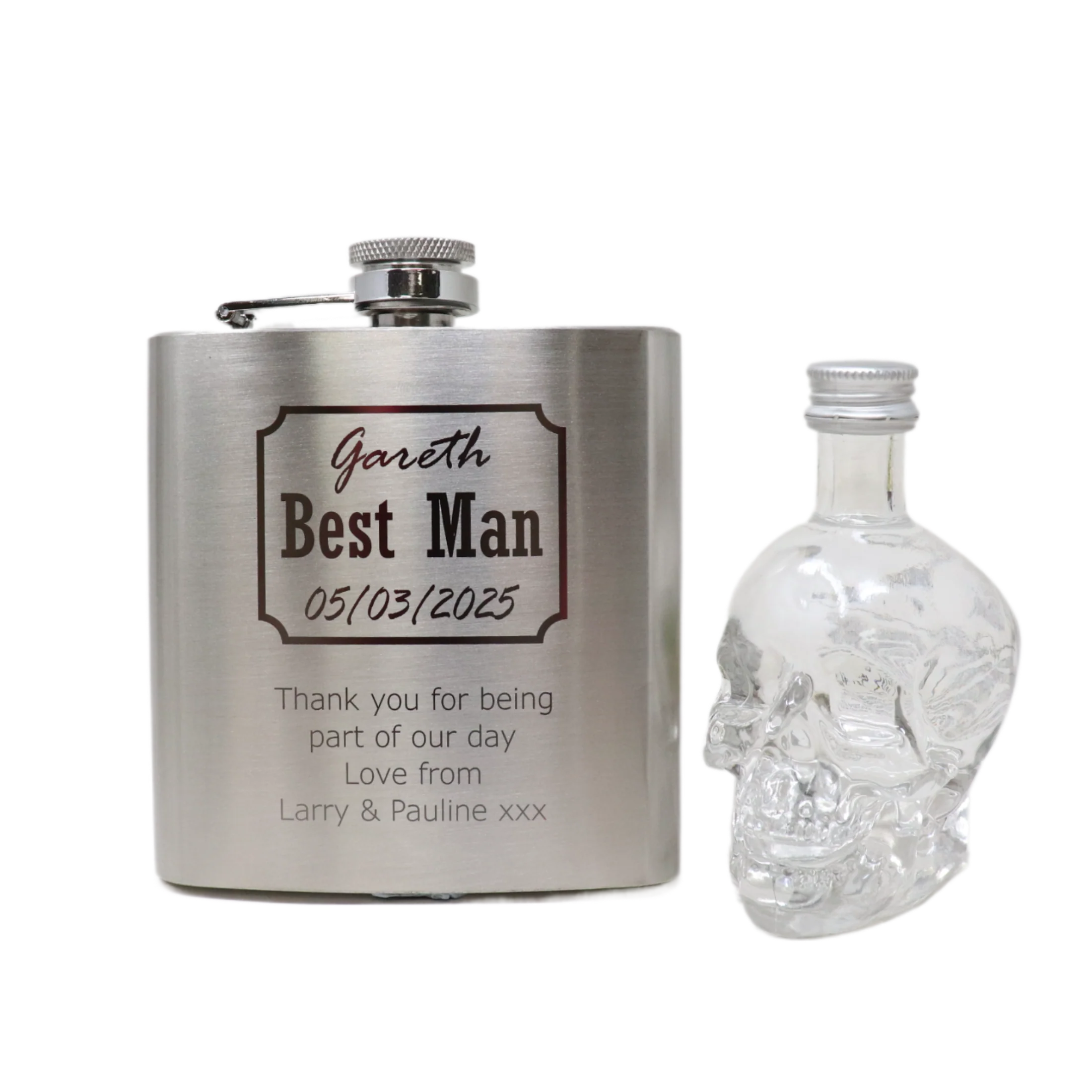 Personalised Silver Best Man Wedding Hip Flask & Miniature Alcohol Gift Set - Image 6